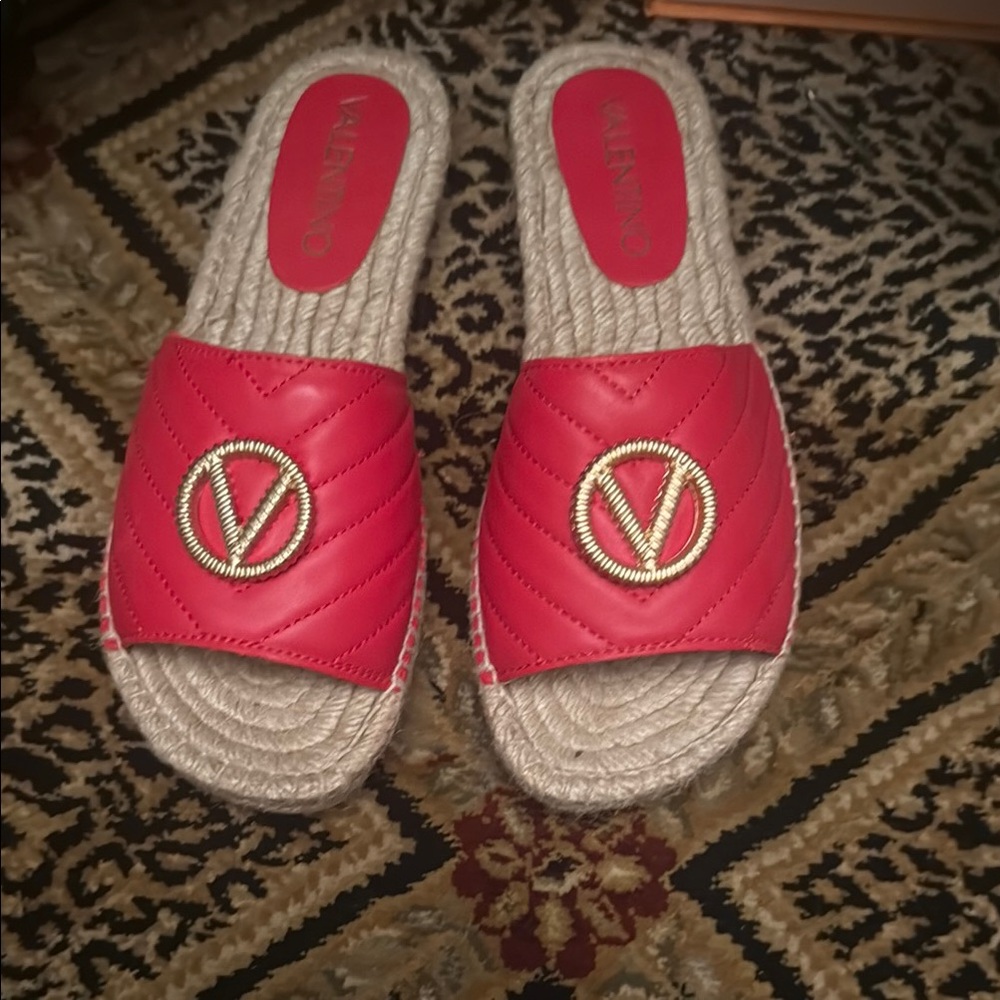 Valentino Red Espadrille Shoes with Gold Emblem
